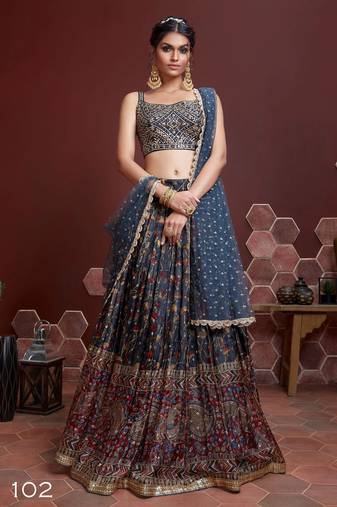 Women's Blue Chinon Silk Digital Print with Heavy Embroidered Lehenga Choli & Dupatta