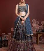 Women's Blue Chinon Silk Digital Print with Heavy Embroidered Lehenga Choli & Dupatta