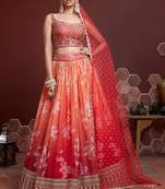 Women's Orange Organza Silk Digital Print with Heavy Embroidered Lehenga Choli & Dupatta
