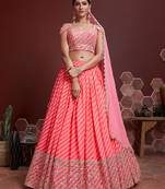 Women's Peach Organza Silk Sequins Zari Embroidered Lehenga Choli & Dupatta