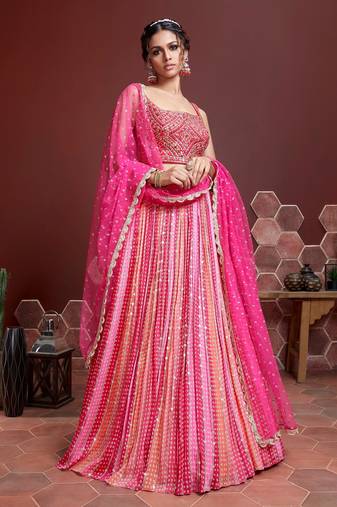Women's Pink Pure Chinon Silk Digital Print with Heavy Embroidered Lehenga Choli & Dupatta