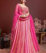 Women's Pink Pure Chinon Silk Digital Print with Heavy Embroidered Lehenga Choli & Dupatta
