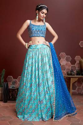 Women's Sky Blue Pure Chinon Silk Digital Print with Heavy Embroidered Lehenga Choli & Dupatta 1
