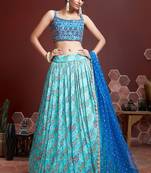 Women's Sky Blue Pure Chinon Silk Digital Print with Heavy Embroidered Lehenga Choli & Dupatta
