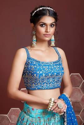 Women's Sky Blue Pure Chinon Silk Digital Print with Heavy Embroidered Lehenga Choli & Dupatta 2