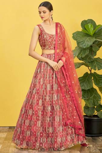 Women's Brown Organza Real Mirror with Sequins Thread Embroidered Lehenga Choli & Dupatta