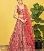 Women's Brown Organza Real Mirror with Sequins Thread Embroidered Lehenga Choli & Dupatta