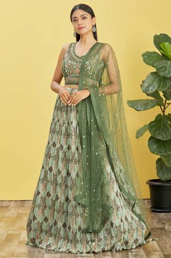 Women's Green Chinon Real Mirror with Sequins Thread Embroidered Lehenga Choli & Dupatta