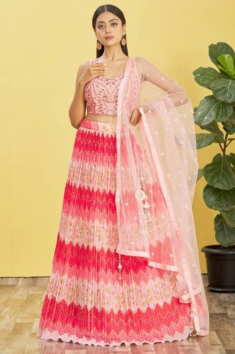 Women's Pink Chinon Real Mirror with Sequins Thread Embroidered Lehenga Choli & Dupatta