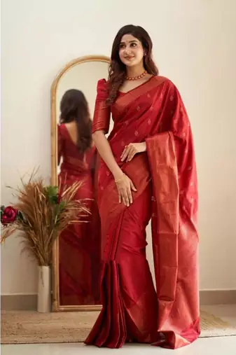 Simple red saree with contrast zari border