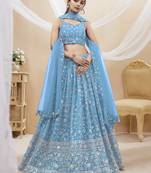 Women's Sky Blue Georgette Sequins Zari Embroidered Lehenga Choli & Dupatta