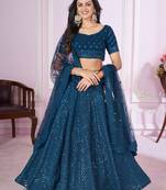 Women's Teal Georgette Sequins Thread Embroidered Lehenga Choli & Dupatta