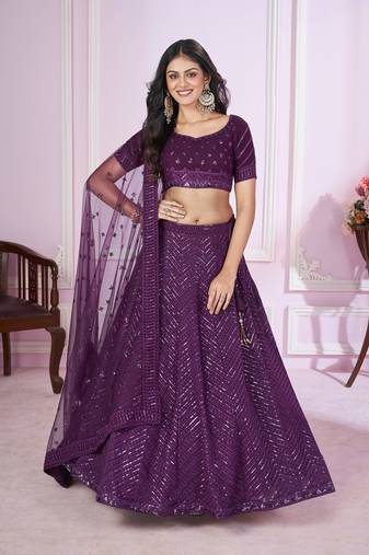 Women's Violet Georgette Sequins Thread Embroidered Lehenga Choli & Dupatta