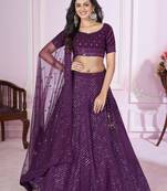 Women's Violet Georgette Sequins Thread Embroidered Lehenga Choli & Dupatta