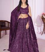 Women's Violet Georgette Sequins Thread Embroidered Lehenga Choli & Dupatta