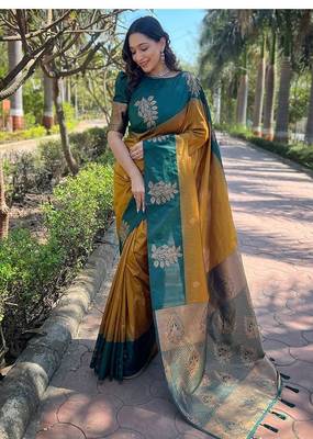 Forest green & mustard zari woven saree 1