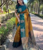 Forest green & mustard zari woven saree