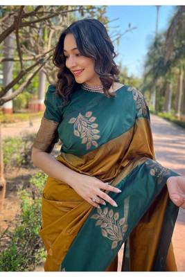 Forest green & mustard zari woven saree 2