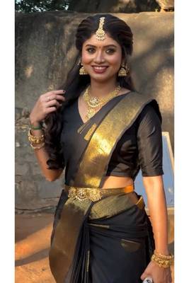 Black saree with gold zari polka dots 2