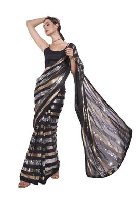 Black saree with metallic sequin stripes 1