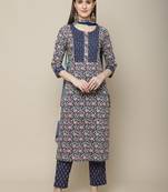 Navy blue printed cotton round neck kurta sets