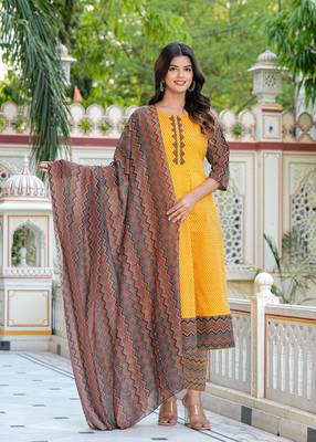  women's cotton geometric print calf length anarkali kurta pant and dupatta (mustard) 1