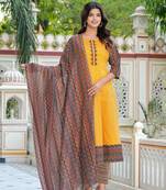 Yash gallery women's cotton geometric print calf length anarkali kurta pant and dupatta (mustard)