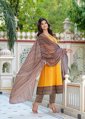  women's cotton geometric print calf length anarkali kurta pant and dupatta (mustard) 2