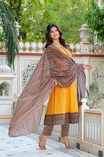  women's cotton geometric print calf length anarkali kurta pant and dupatta (mustard)