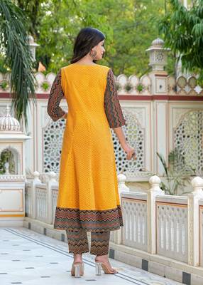  women's cotton geometric print calf length anarkali kurta pant and dupatta (mustard) 3