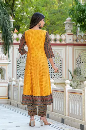  women's cotton geometric print calf length anarkali kurta pant and dupatta (mustard)