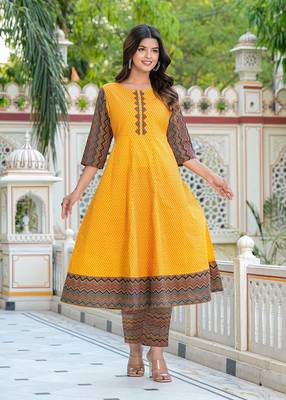  women's cotton geometric print calf length anarkali kurta pant and dupatta (mustard) 4