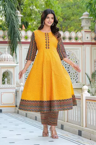  women's cotton geometric print calf length anarkali kurta pant and dupatta (mustard)