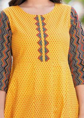  women's cotton geometric print calf length anarkali kurta pant and dupatta (mustard) 5