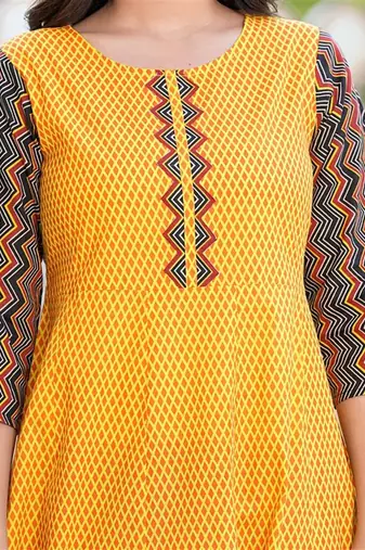  women's cotton geometric print calf length anarkali kurta pant and dupatta (mustard)