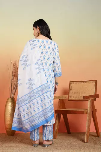  women's cotton calf length notch neck 3/4 sleeves floral print straight kurta with pant and dupatta (blue)
