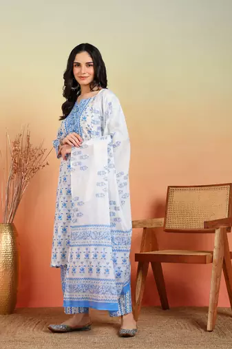  women's cotton calf length notch neck 3/4 sleeves floral print straight kurta with pant and dupatta (blue)