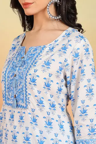  women's cotton calf length notch neck 3/4 sleeves floral print straight kurta with pant and dupatta (blue)