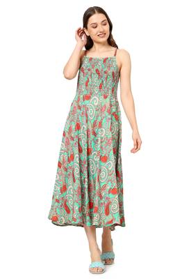 women's green floral smoking embroidered flared dress (green) 1