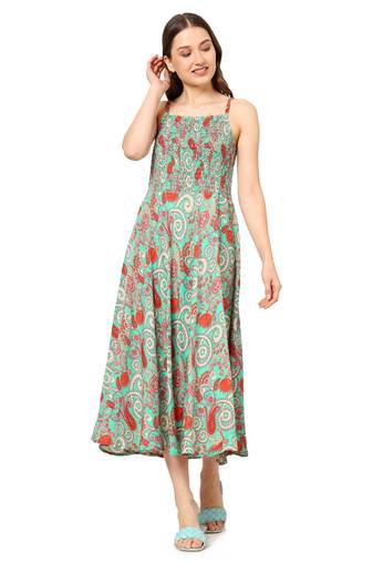 women's green floral smoking embroidered flared dress (green)