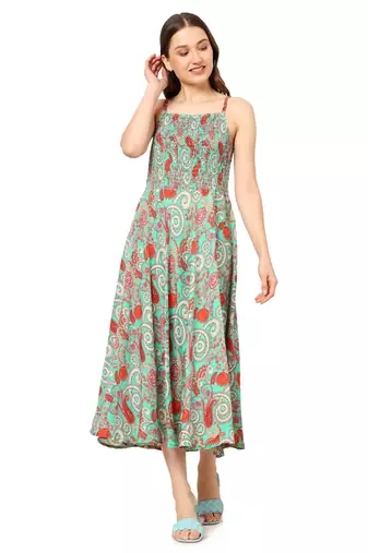 women's green floral smoking embroidered flared dress (green)