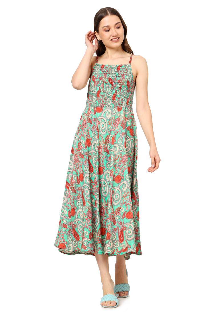 women's green floral smoking embroidered flared dress (green)