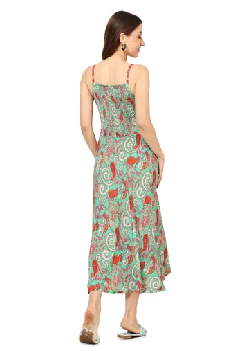 women's green floral smoking embroidered flared dress (green)
