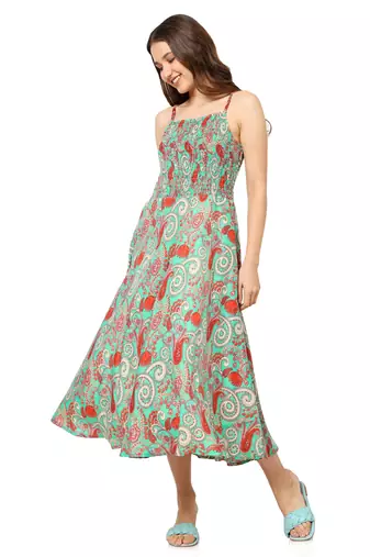 women's green floral smoking embroidered flared dress (green)