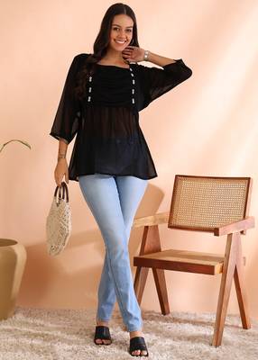 women's georgette square neck with button regular fitted top (black) 1