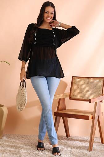 women's georgette square neck with button regular fitted  top (black)