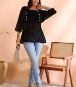 women's georgette square neck with button regular fitted  top (black)
