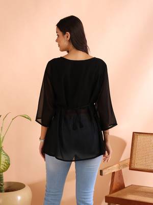 women's georgette square neck with button regular fitted top (black) 2