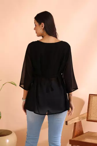 women's georgette square neck with button regular fitted top (black)