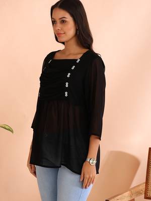 women's georgette square neck with button regular fitted top (black) 3